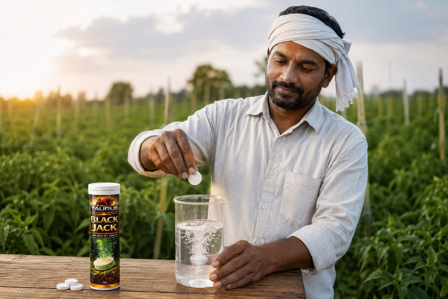 Farmer using Black Jack soluble tablet in the field