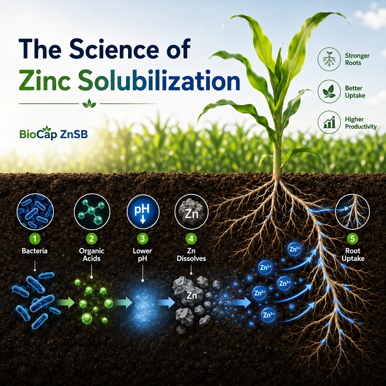 Zinc solubilizing bacteria activity around the crop root zone